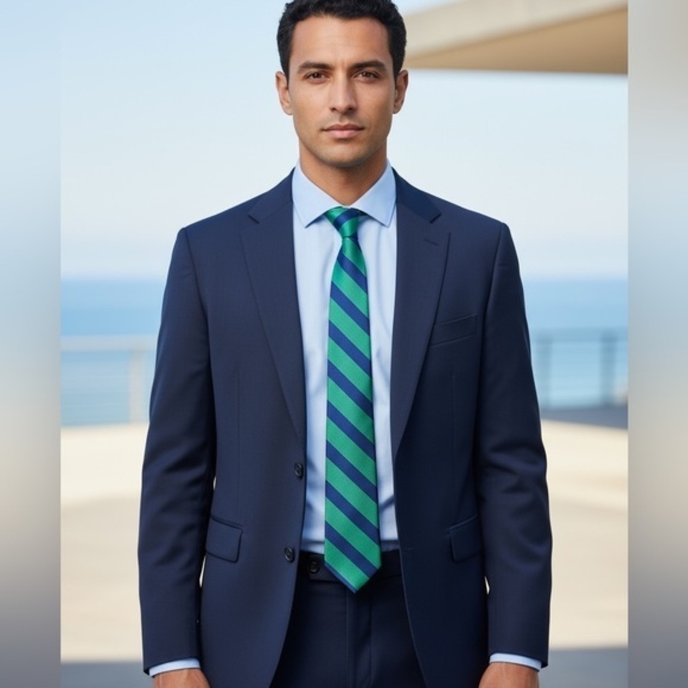 Nautica Silk Tie Green Navy Blue Diagonal Stripe Classic Preppy Style